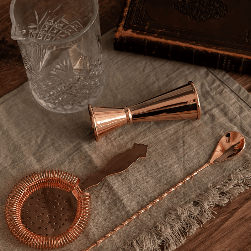 Vintage Inspired 4 Piece Glass & Copper Bar Set