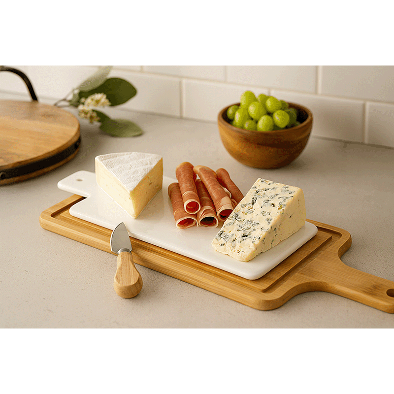Wood & Ceramic Cheese Board with Knives