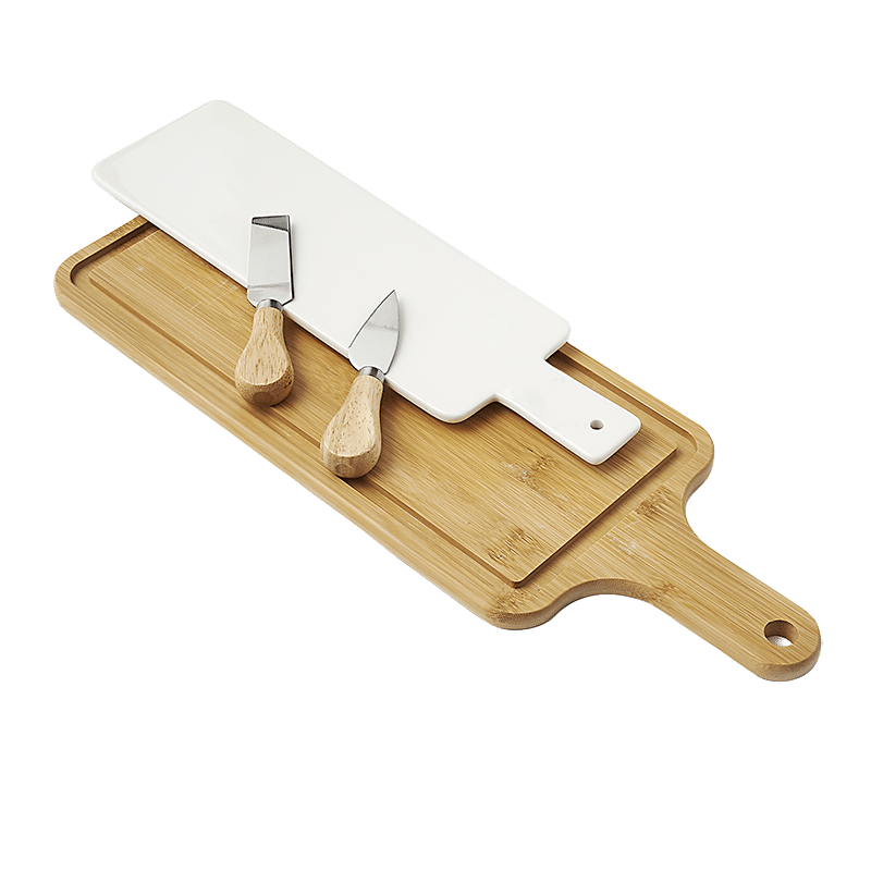 Wood & Ceramic Cheese Board with Knives