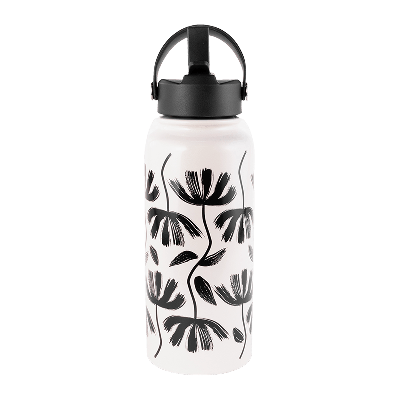 Stainless Steel Water Bottle, Hand Drawn Black Floral