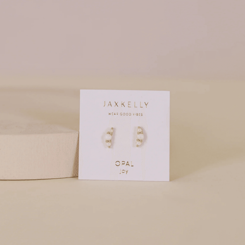 Crescent Gold Earrings - White Opal