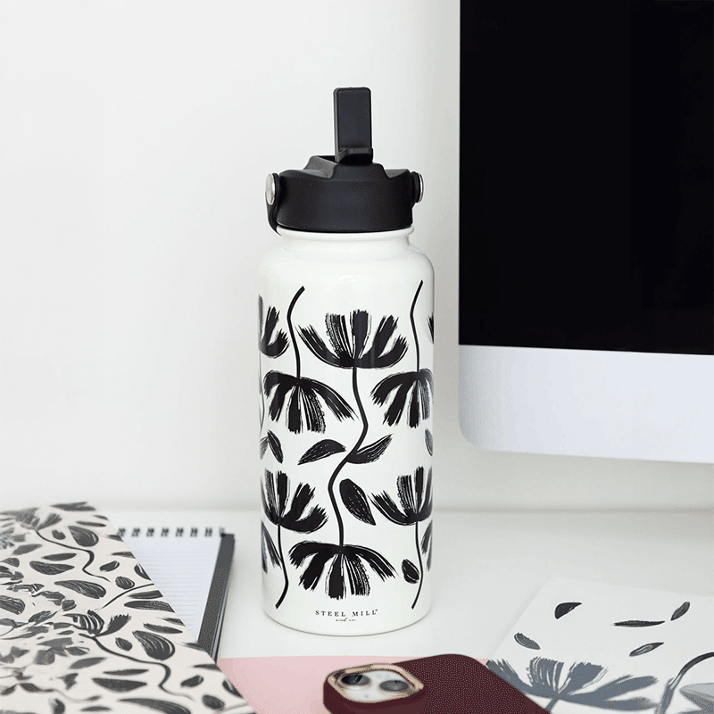 Stainless Steel Water Bottle, Hand Drawn Black Floral