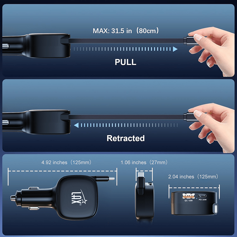 3-Port Car Charger with Built-In Retractable USB-C Cable