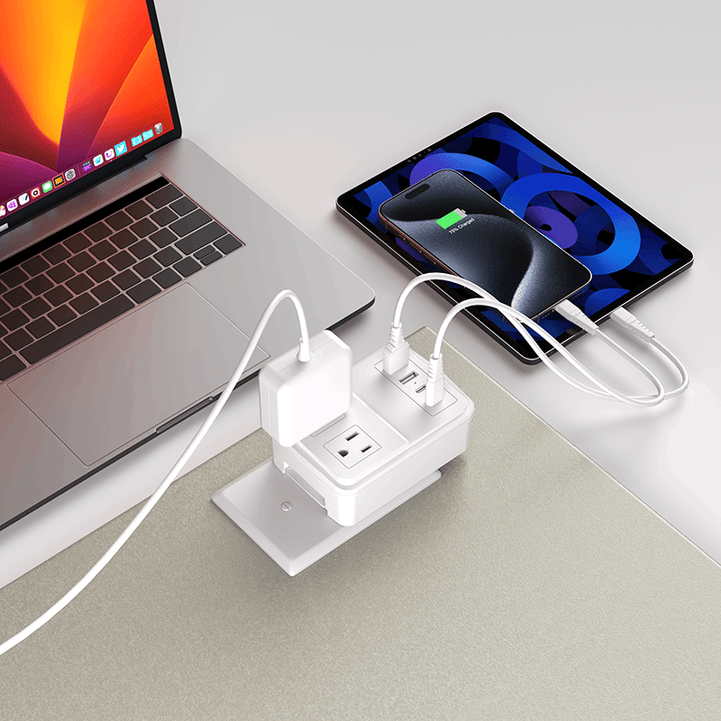 20W Travel Adapter Surge Protector with 2 Outlets, 2 USB-A Ports, & 2 USB-C Ports