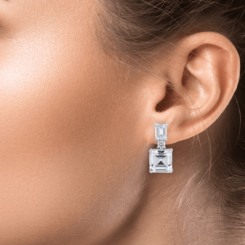 4 Cttw Emerald/Round/Asscher Delicate Drop Earrings