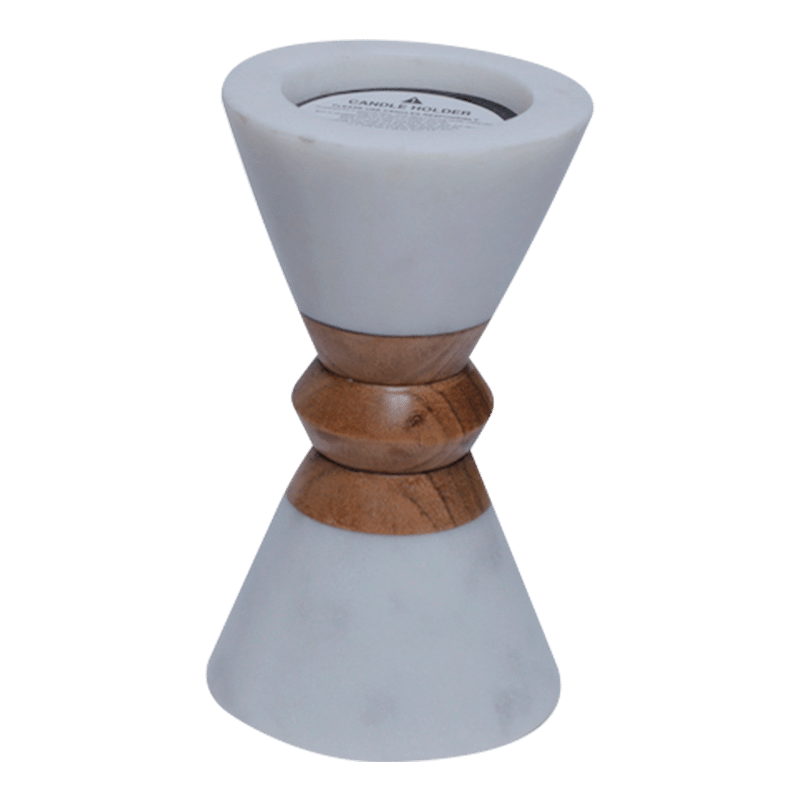 Candleholder - Pillar, Conical Top & Bottom Marble/acacia Wood