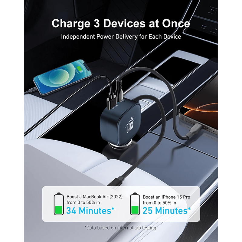3-Port Car Charger with Built-In Retractable USB-C Cable