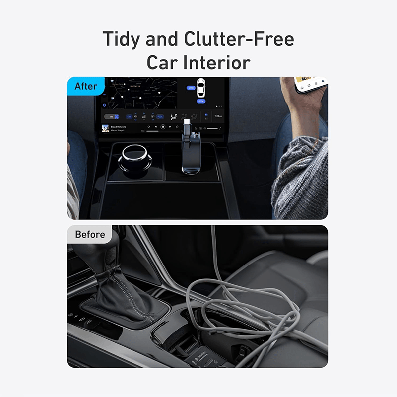 3-Port Car Charger with Built-In Retractable USB-C Cable