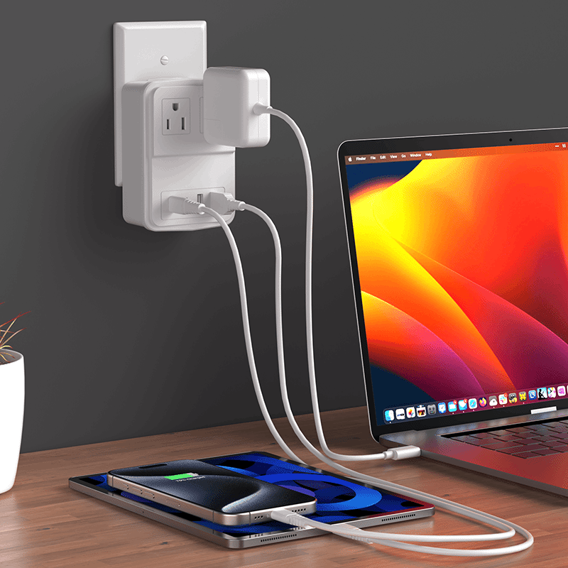 20W Travel Adapter Surge Protector with 2 Outlets, 2 USB-A Ports, & 2 USB-C Ports