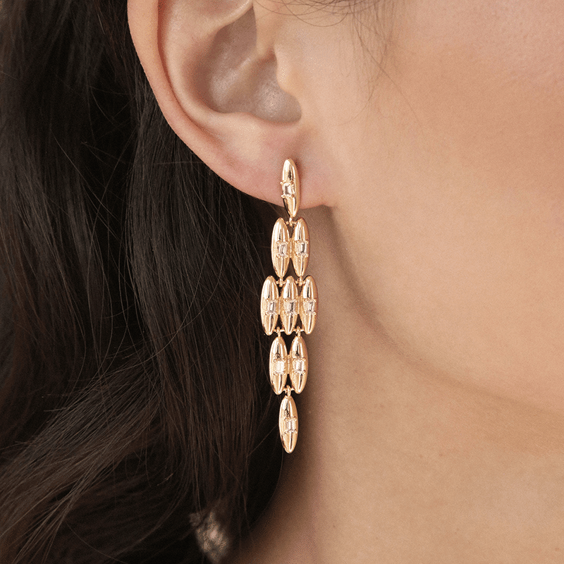 Oval Dome Baguette Diamond Shape Dangle Earrings