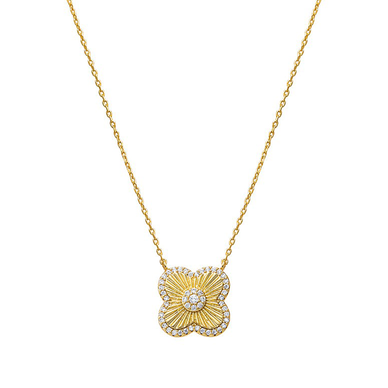 Pave CZ Ridged Four Leaf Clover Pendant Necklace (Gold)