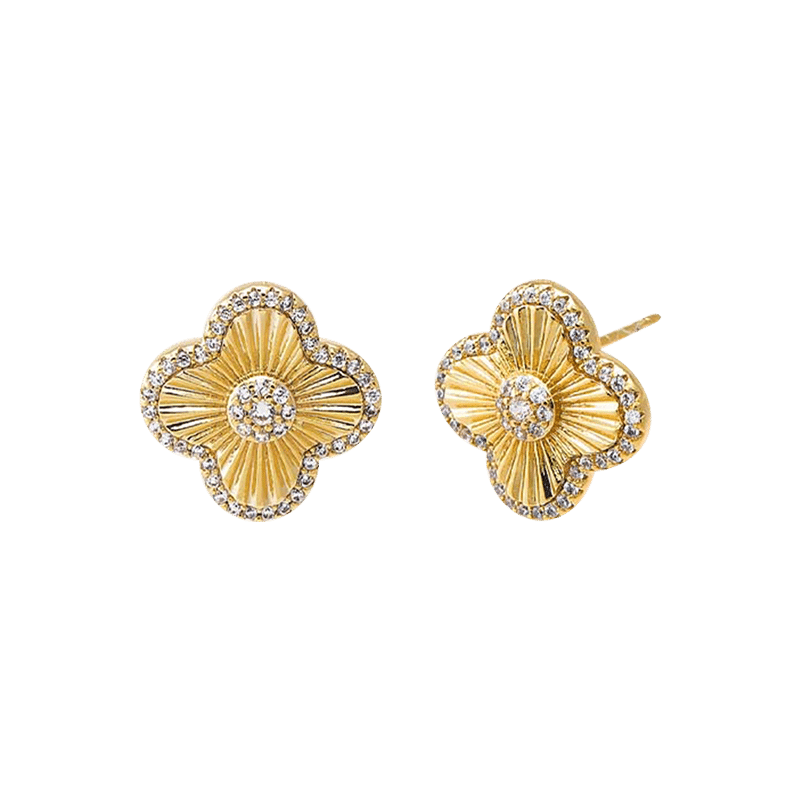 Pave CZ Ridged Four Leaf Clover Stud Earring (Gold)