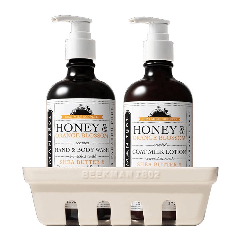 Lotion and Hand & Body Wash Ceramic Caddy Set: Honey and Orange Blossom