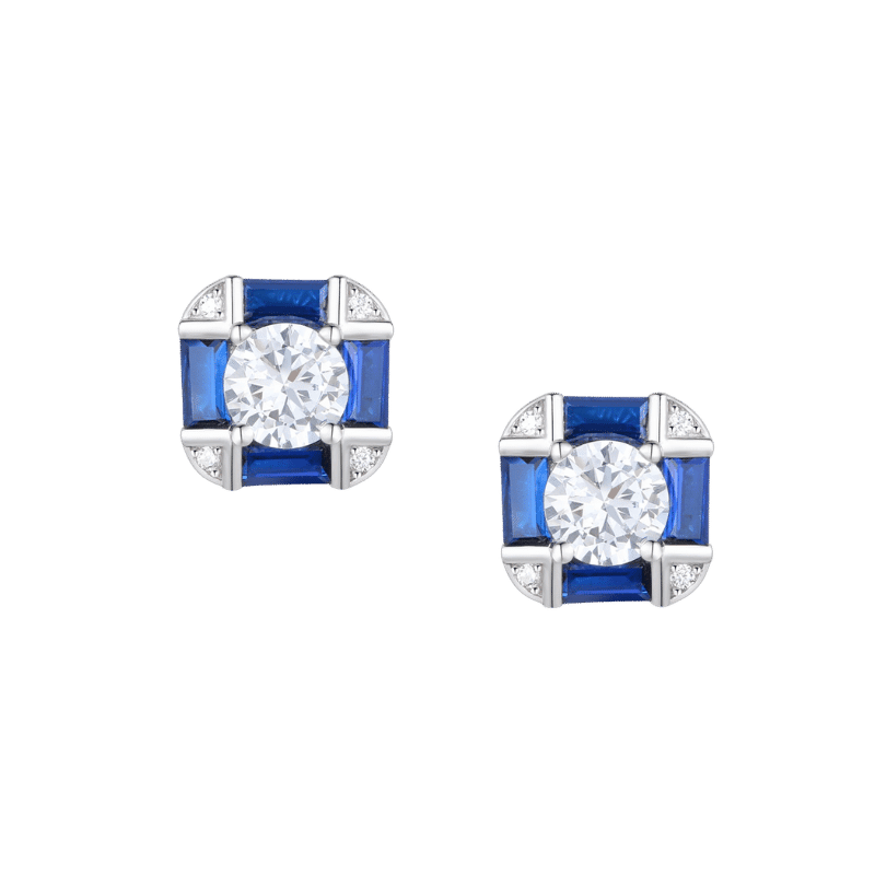 White Gold Plated with Sapphire Blue Cubic Zirconia Geometric Stud Earrings (Silver)