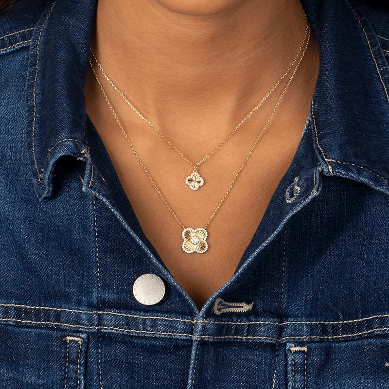 Pave CZ Ridged Four Leaf Clover Pendant Necklace (Gold)