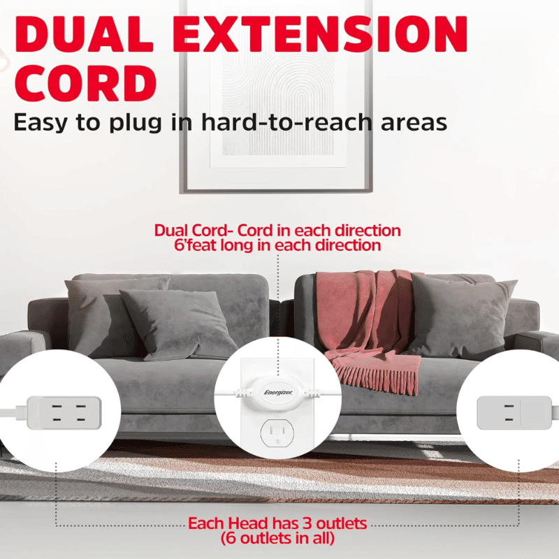 12' Twin Extension Cord with 6 Outlets