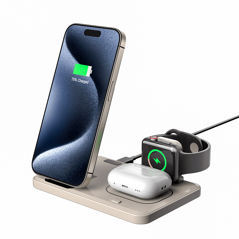 Flat Folding 3-in-1 Wireless Charging Station with Pop-Out Watch Charger