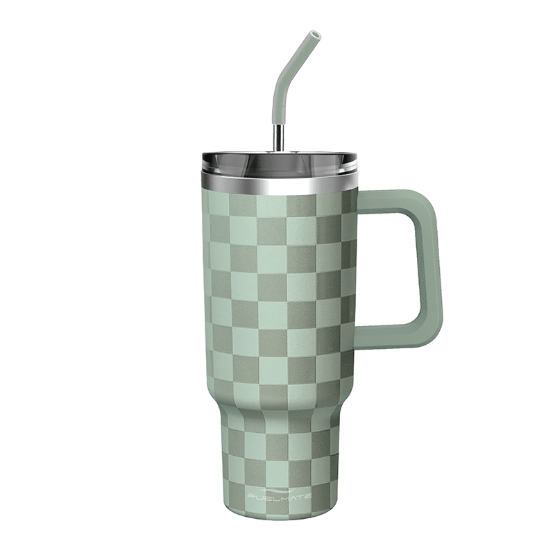 Stainless Steel Tumbler In Checkered Print With Straw And Handle