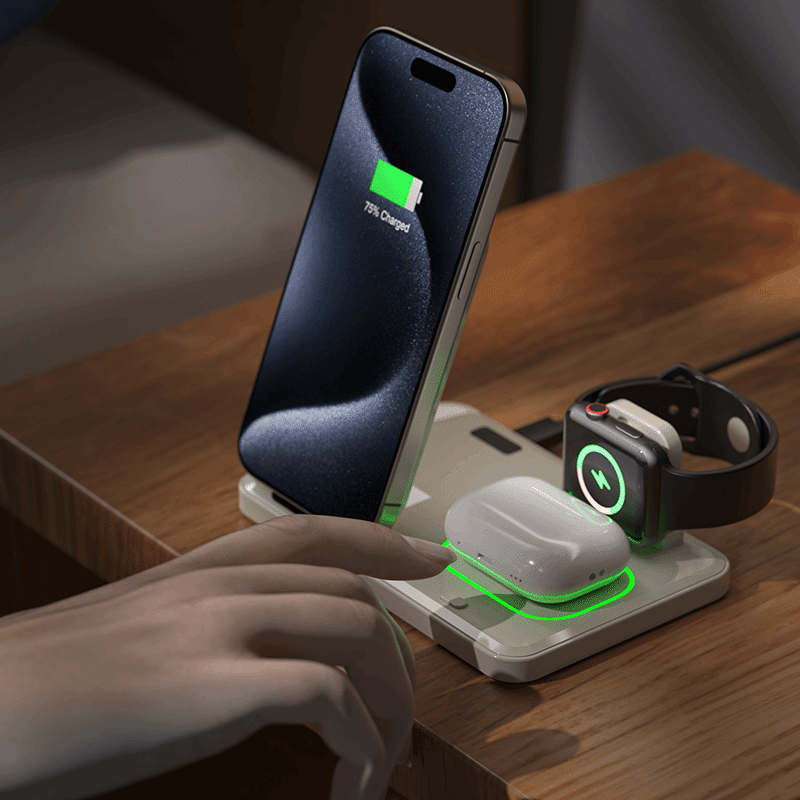 Flat Folding 3-in-1 Wireless Charging Station with Pop-Out Watch Charger