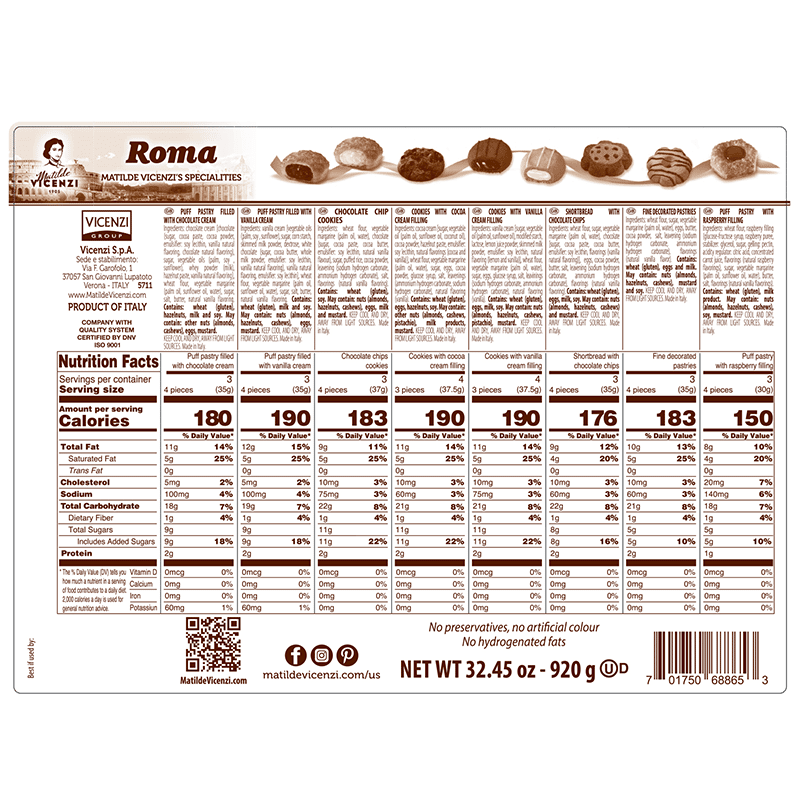 Roma Cookie Tin - Italian Pastries & Bakery Cookies in Individually Wrapped Trays