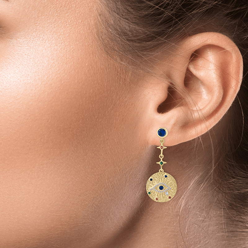 Multi Stone Evil Eye Charm Earrings