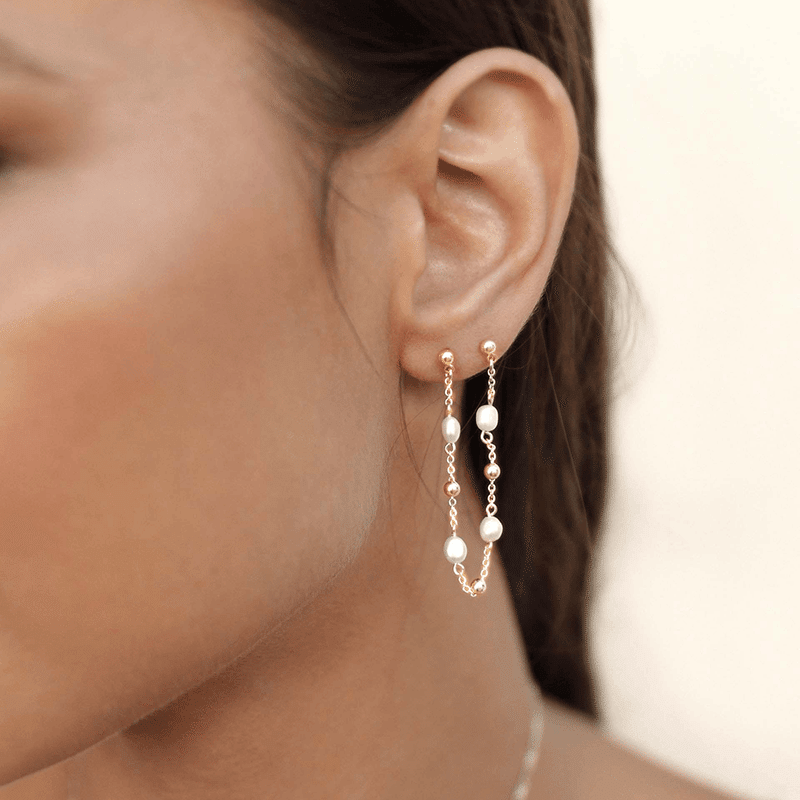 Double Piercing Freshwater Pearl and 18k Gold Plated Earrings