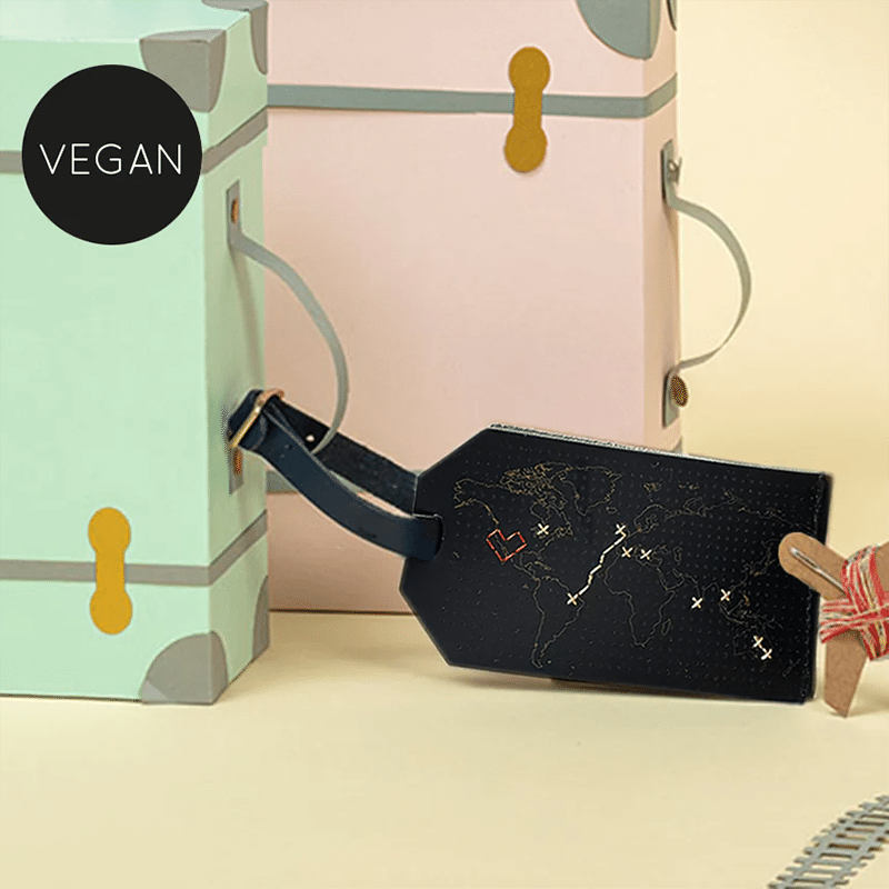Stitch Map Luggage Tag Black Vegan Leather