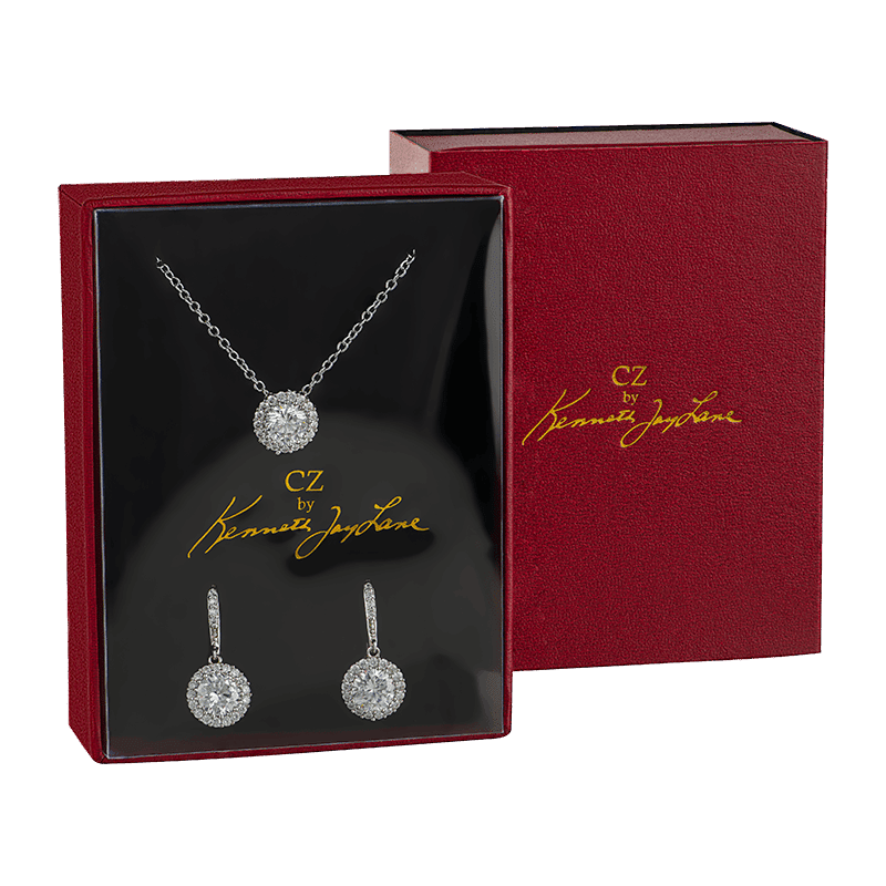 8 Cttw Round Cz Set Framed Necklace & Leverback Earrings