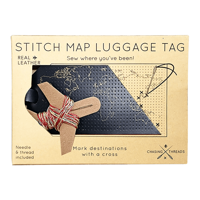 Stitch Map Luggage Tag Black Vegan Leather