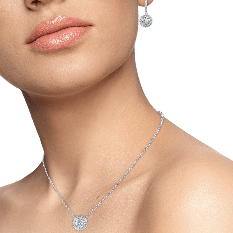 8 Cttw Round Cz Set Framed Necklace & Leverback Earrings