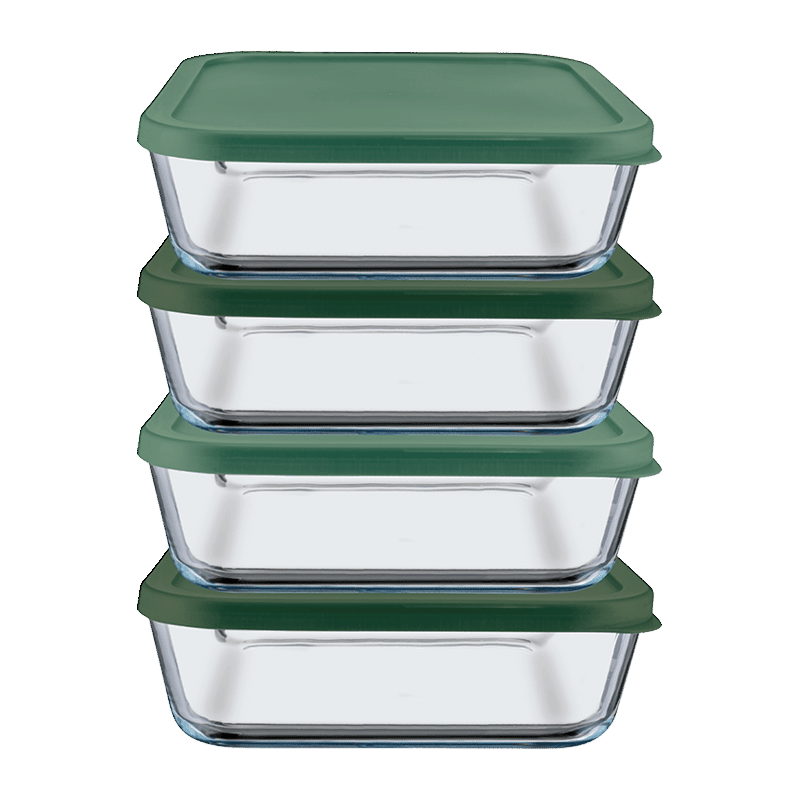 4pc Square glass containers with 4 PP lids GREEN