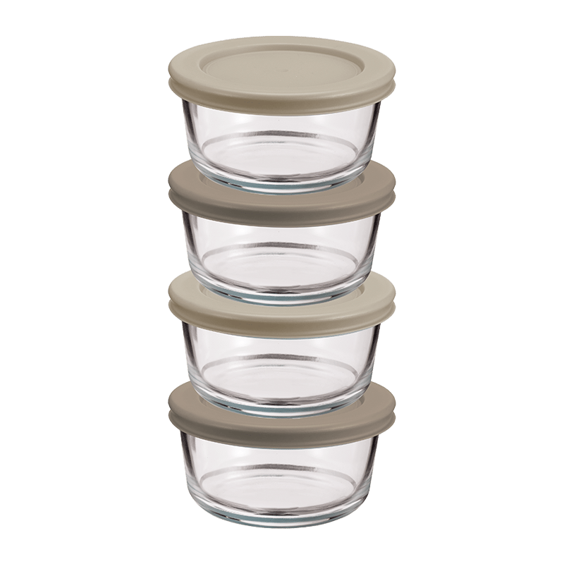 4pc Round Glass containers with 4 PP lid TAUPE
