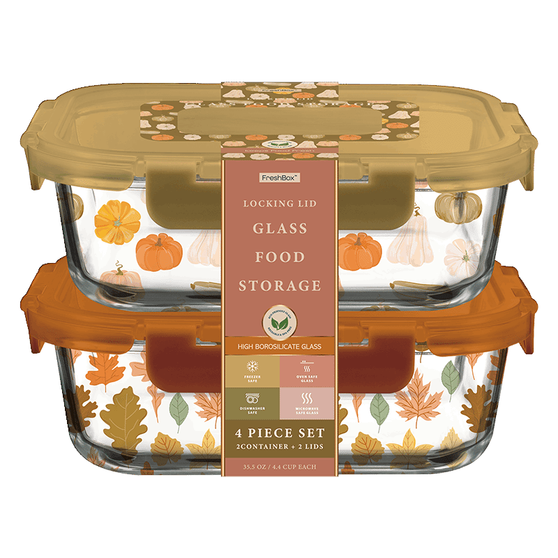 Glass Food Storage 4 Piece Set (2 Container + 2 Lids) - Pumpkin/Leaves Print