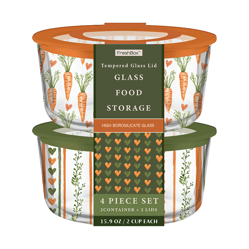 Glass Food Storage 4 Piece Set (2 Container + 2 Lids) - Carrot Print