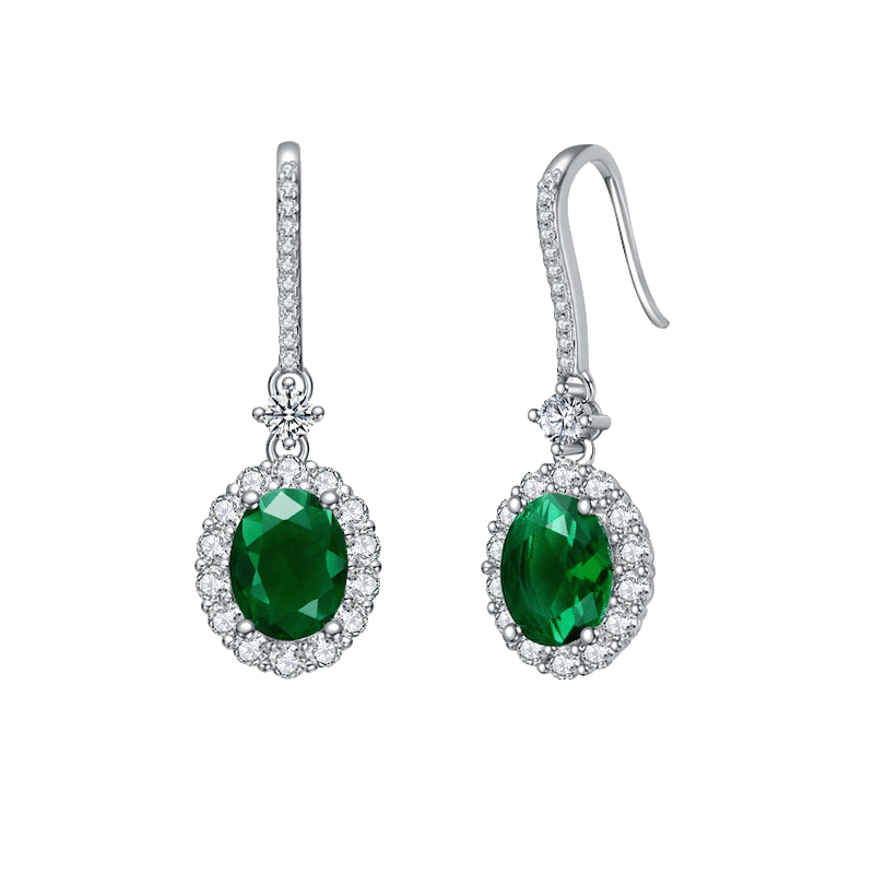 Rhodium Plated Round Emerald Earrings