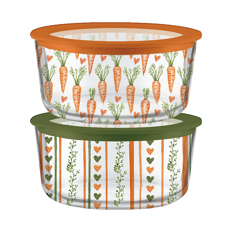 Glass Food Storage 4 Piece Set (2 Container + 2 Lids) - Carrot Print