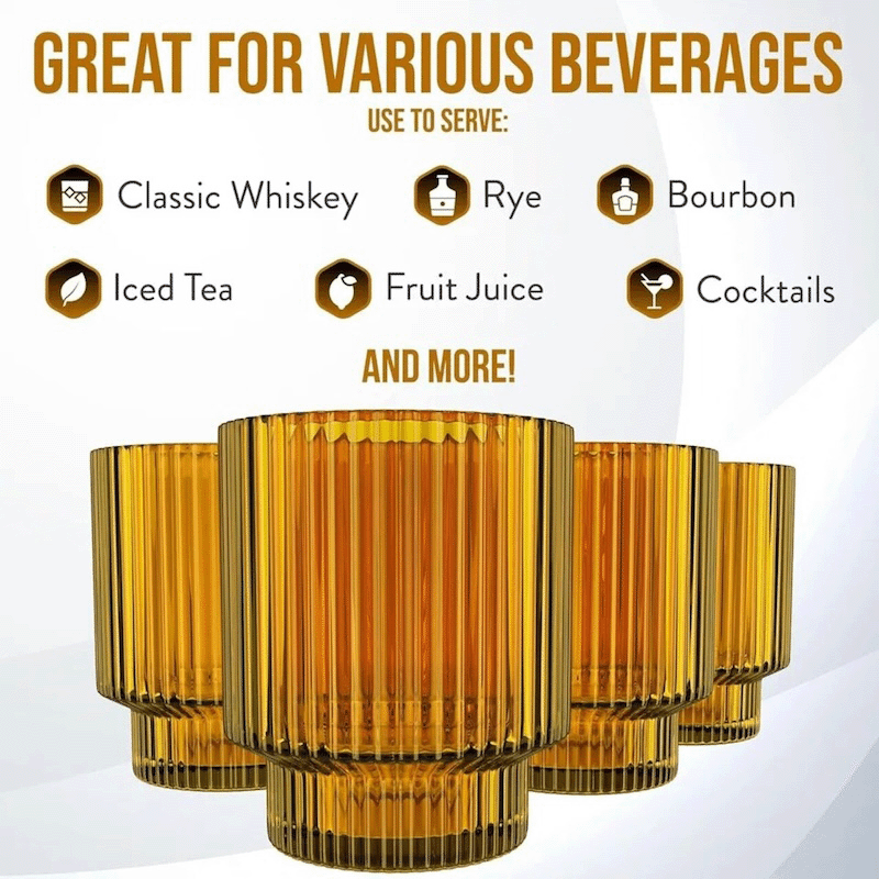 4 Piece Ribbed Old Fashion Glass Set (Amber)