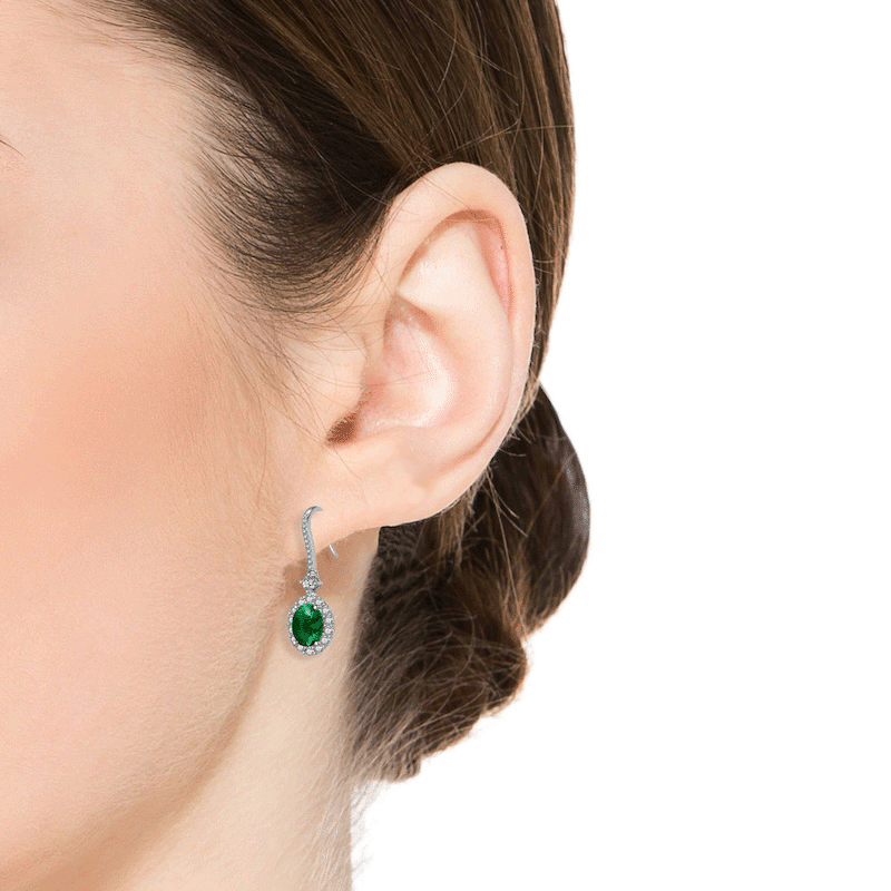 Rhodium Plated Round Emerald Earrings