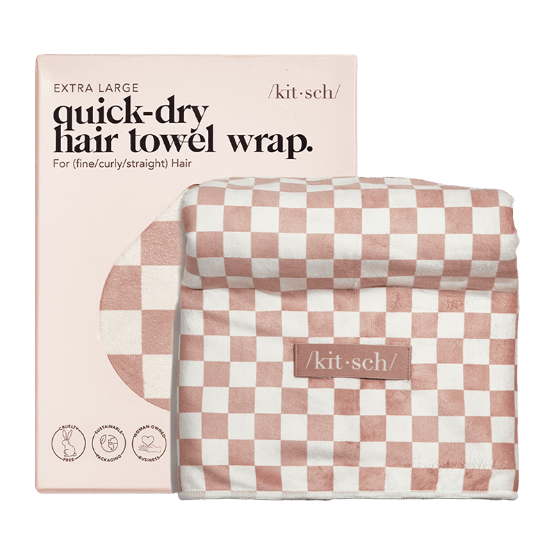 Extra Large Quick-Dry Hair Towel Wrap- Terracotta Checker