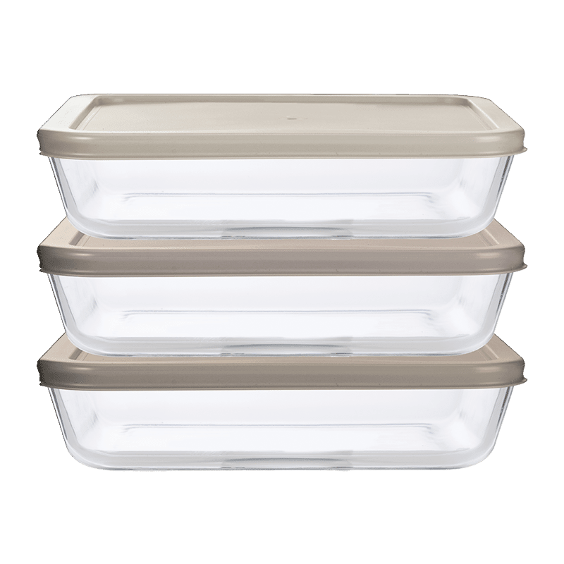 3pc Rectangle glass set with 3 PP lids - TAUPE