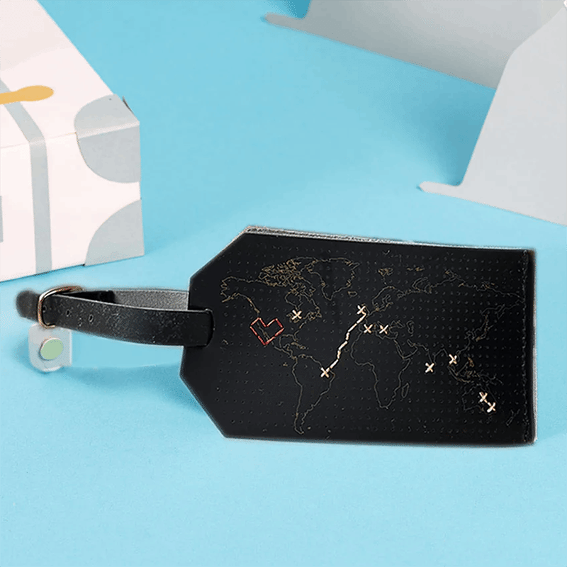 Stitch Map Luggage Tag Black Vegan Leather