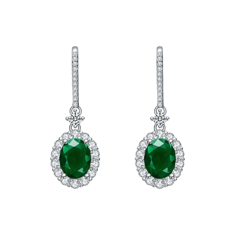 Rhodium Plated Round Emerald Earrings