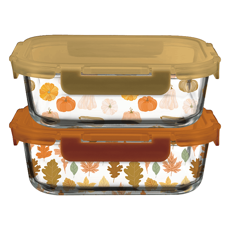 Glass Food Storage 4 Piece Set (2 Container + 2 Lids) - Pumpkin/Leaves Print