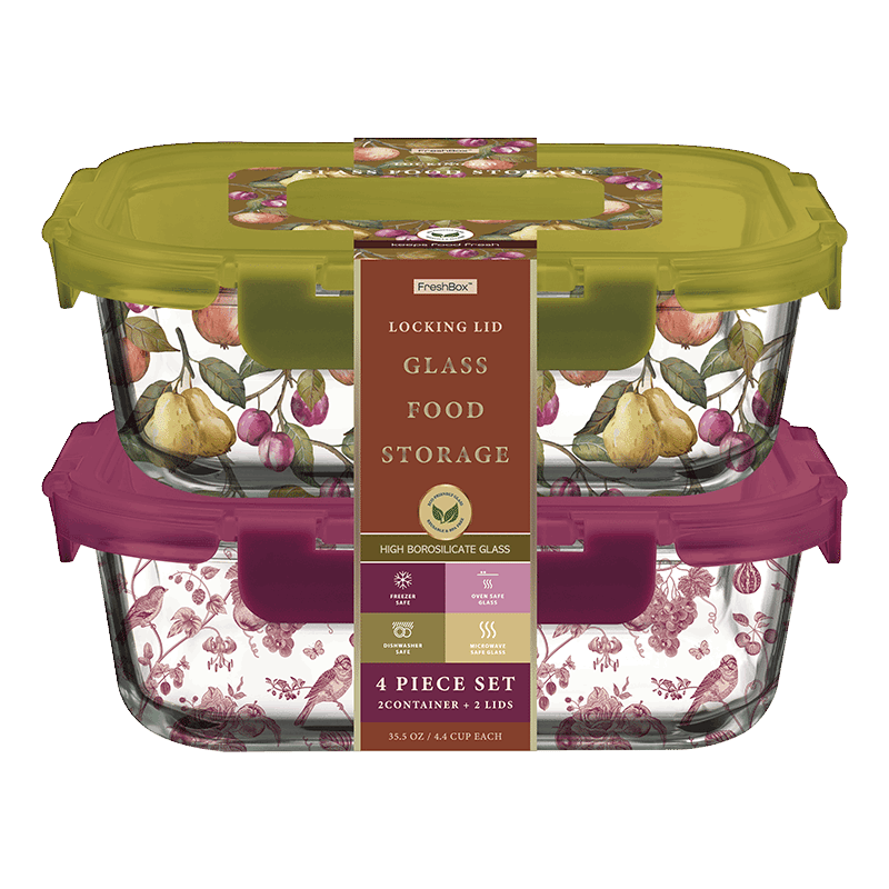 Glass Food Storage 4 Piece Set (2 Container + 2 Lids) - Pear Print