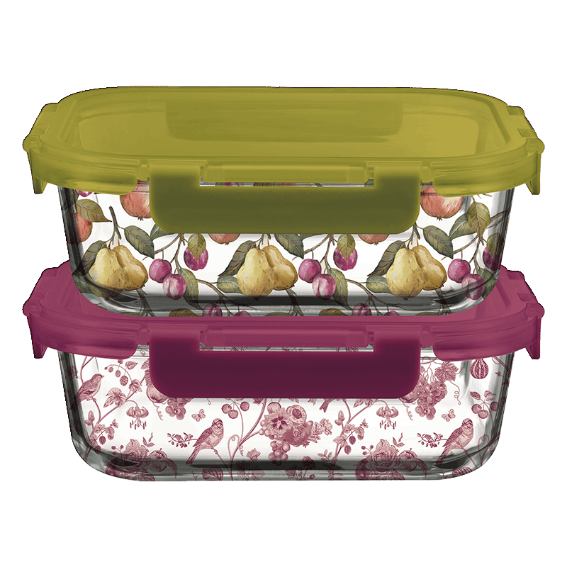 Glass Food Storage 4 Piece Set (2 Container + 2 Lids) - Pear Print