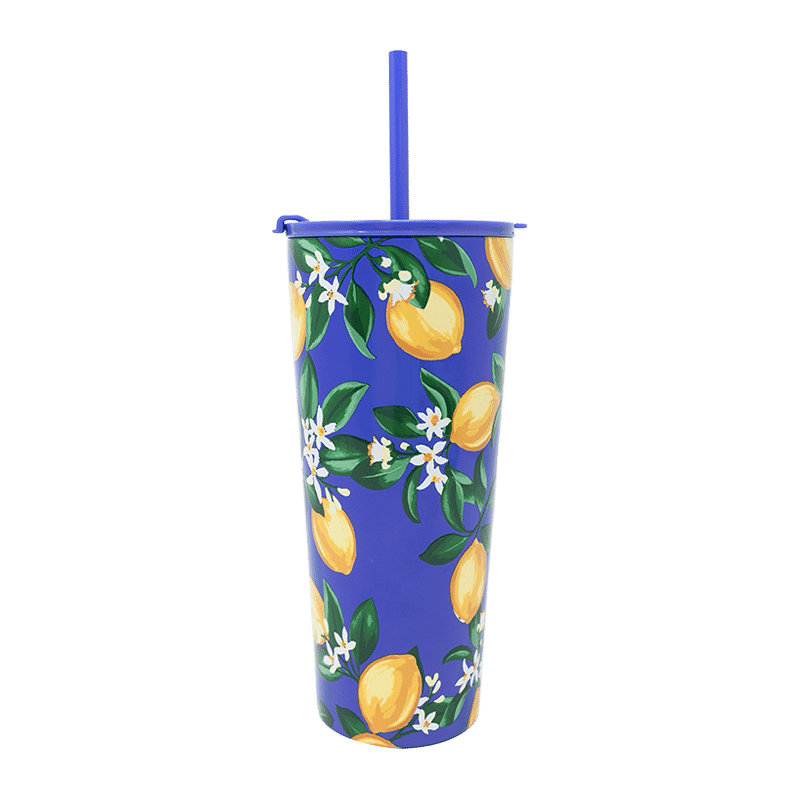 Stainless Steel Tumbler with Straw, Lemons