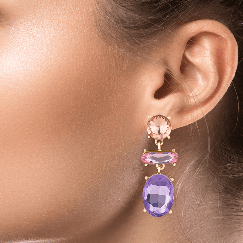 Pink/Lav Oval Crystals Vertical Earrings