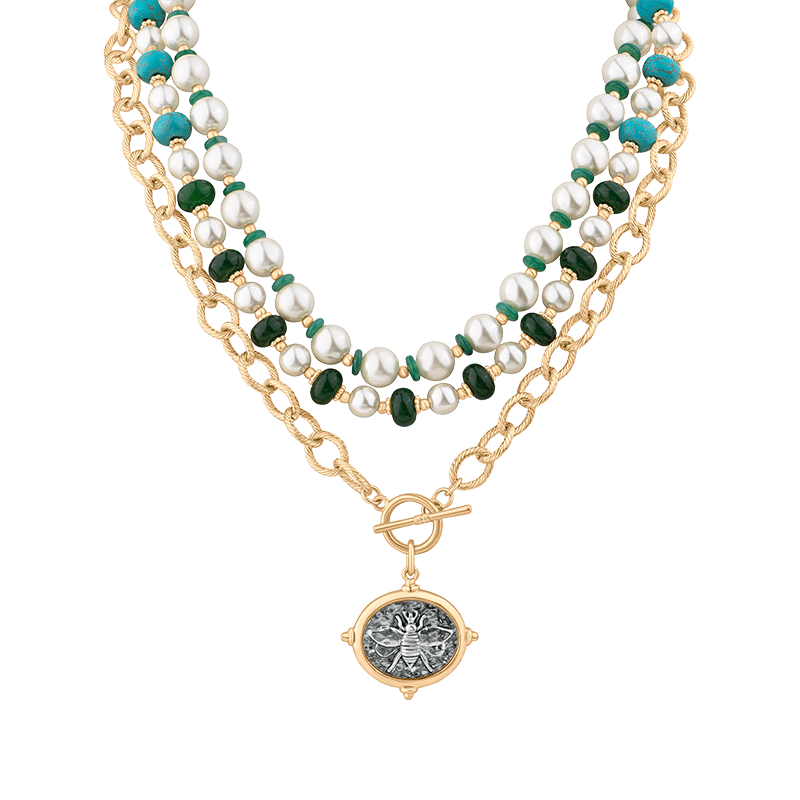 Triple Bead And Pearl Charm Necklace