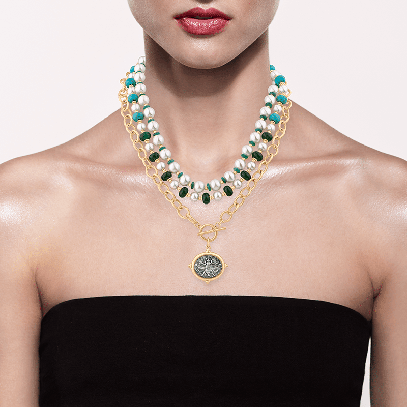 Triple Bead And Pearl Charm Necklace