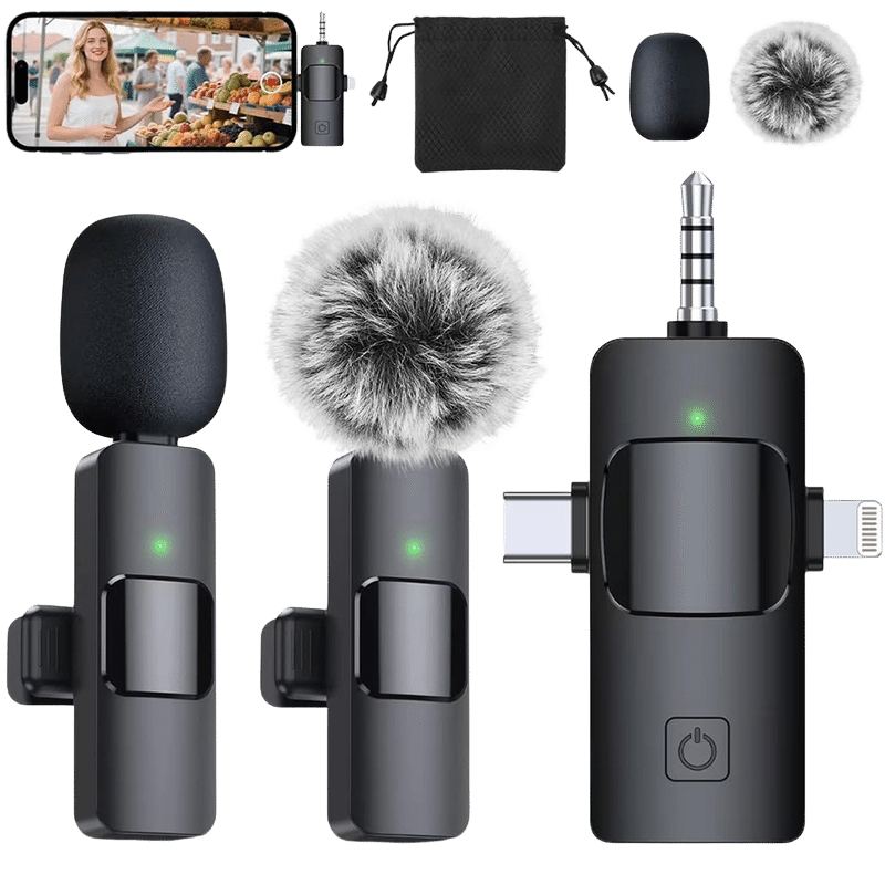Wireless Lavalier Mic Set with 3-in-1 Receiver and Fuzzy Foam Attachments